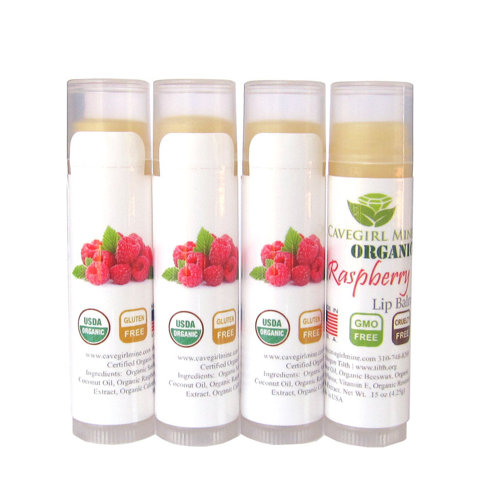 4-Pack Organic Raspberry  Flavor Lip Balm. Certified USDA Organic.